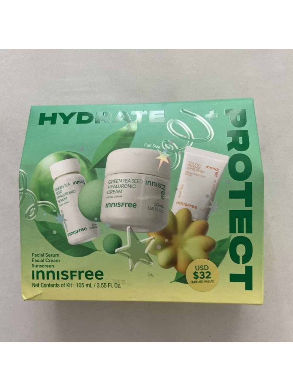 Innisfree Hydrate + Protect Skincare Set Green Tea Seed Serum Cream Daily UV NEW